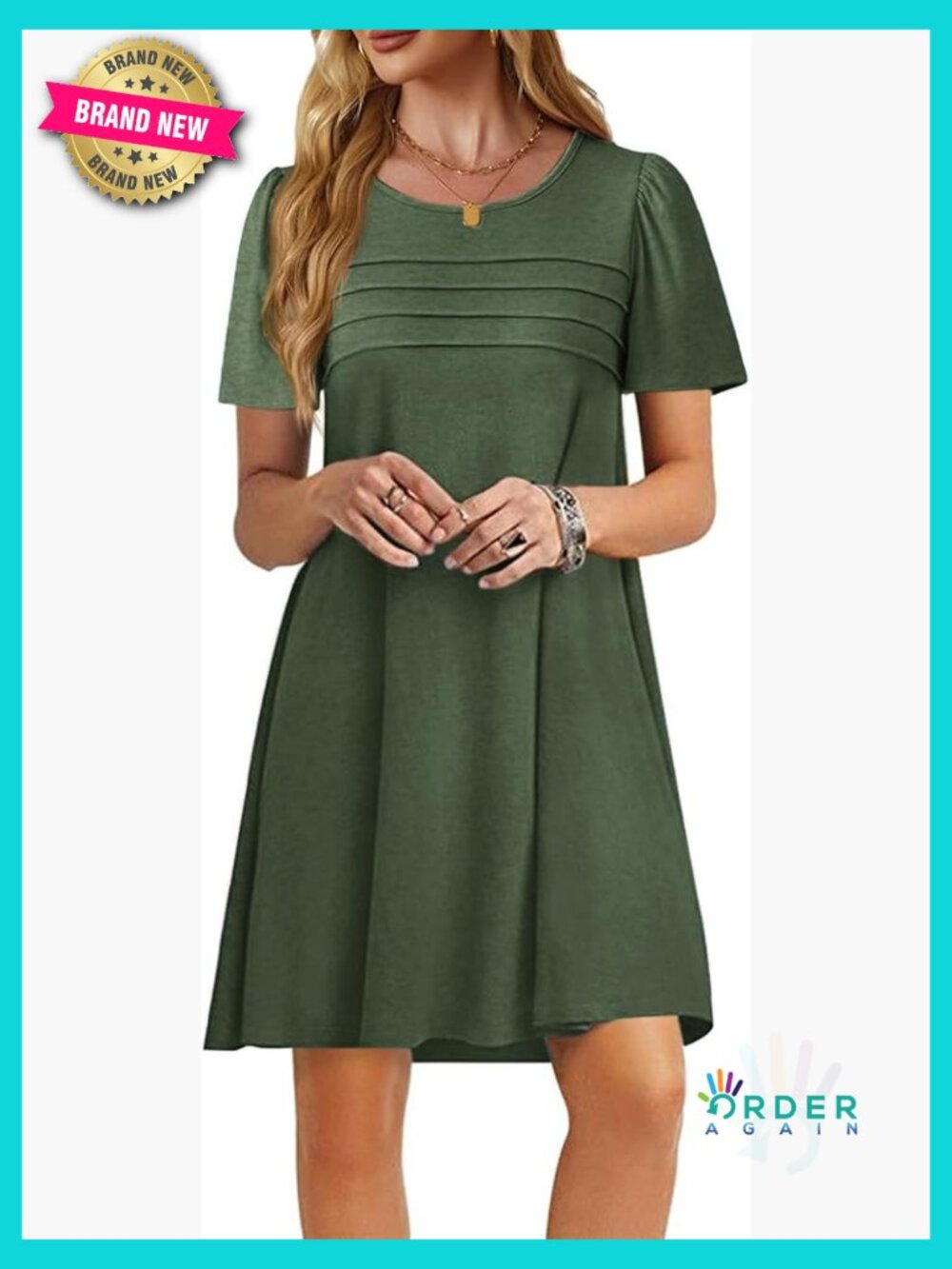Summer Casual T-Shirt Dress Pleated Front Loose Fit Flowy Mini A-Line